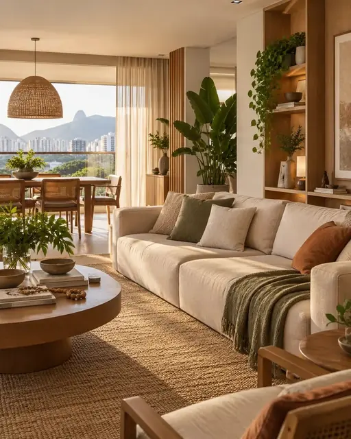 Sala de estar com sofá bege, cesto de palha e luminária pendente