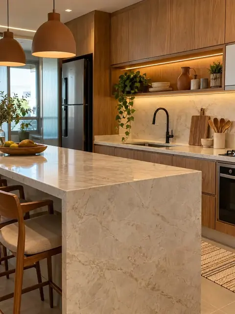 Cozinha com bancada de pedra clara, banqueta e nicho iluminado