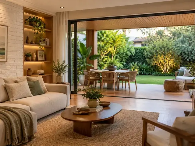 Sala de apartamento com porta de vidro aberta para um jardim