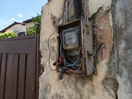 Caixa de medidor enferrujada, com fios soltos na parede externa