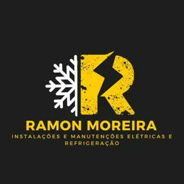 Logo de Ramon Moreira: floco de neve e raio formando a letra R