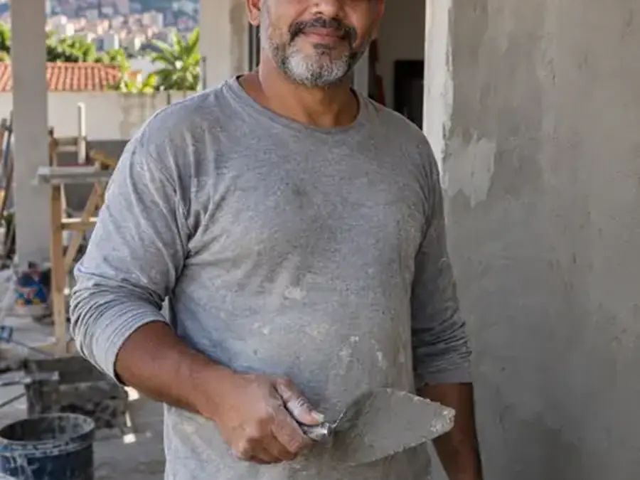 Cláudio Ferraz, pedreiro, segurando uma desempenadeira em uma obra