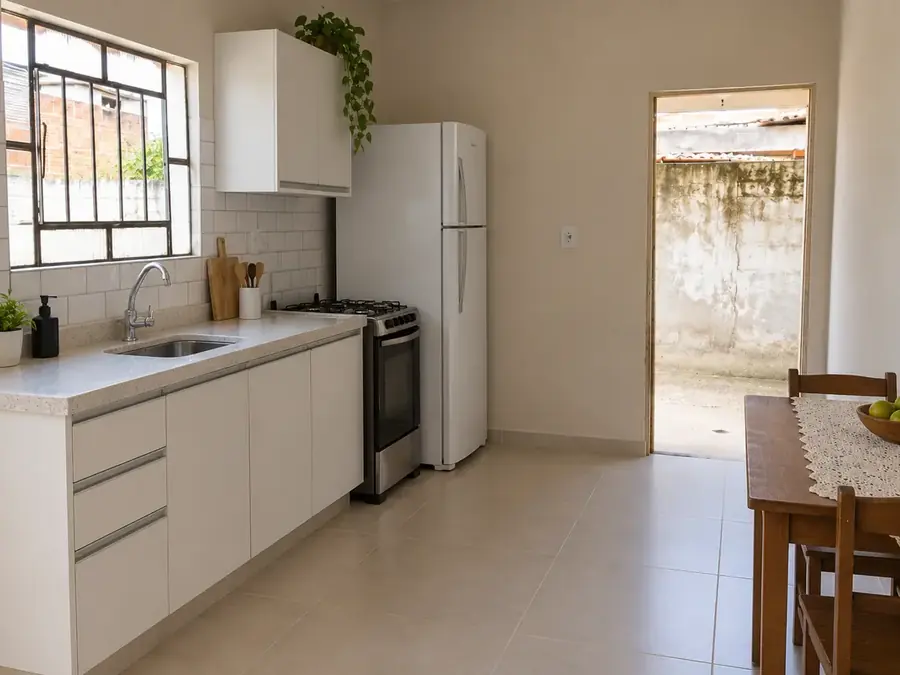 Cozinha reformada com porcelanato bege, azulejo branco e bancada clara