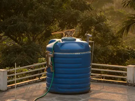 Caixa d'água azul sobre um terraço, com mangueira ao lado
