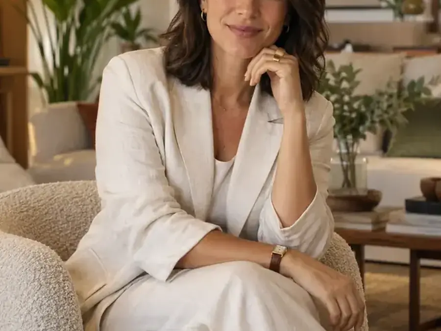 Helena Marques, arquiteta, sentada em uma sala de terno branco