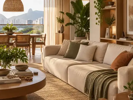 Sala de estar com sofá bege, cesto de palha e luminária pendente