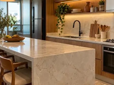 Cozinha com bancada de pedra clara, banqueta e nicho iluminado