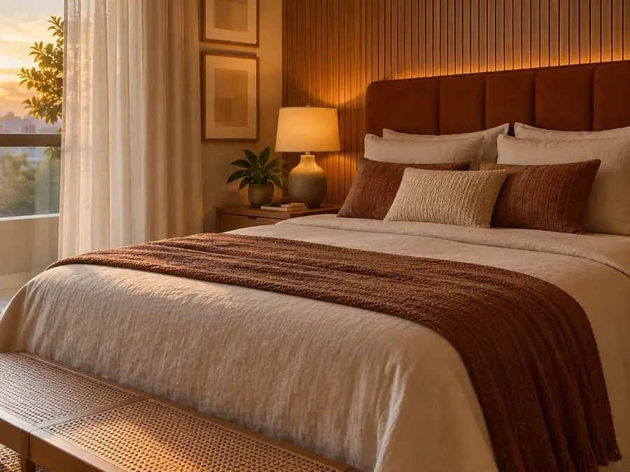 Quarto com painel ripado de madeira atrás da cama e cabeceira estofada