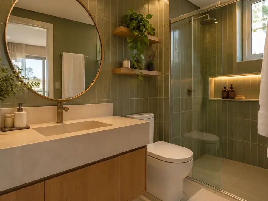 Banheiro com bancada de madeira, espelho redondo e box de vidro