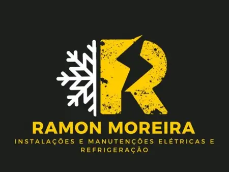 Logo de Ramon Moreira: floco de neve e raio formando a letra R