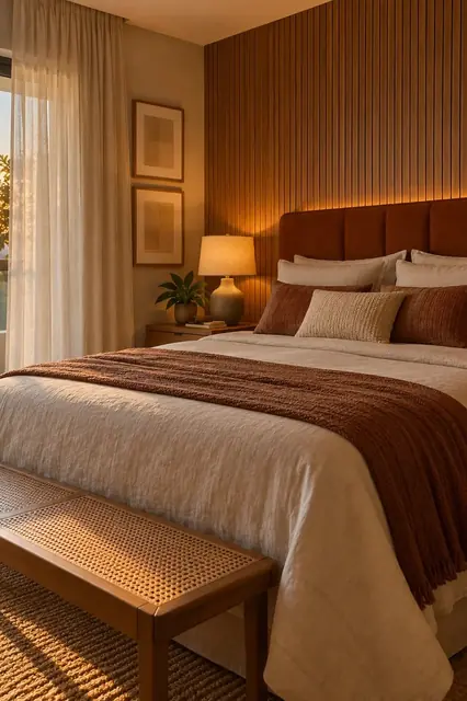 Quarto com painel ripado de madeira atrás da cama e cabeceira estofada